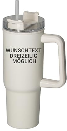 Personalisierter Vakuumbecher 'Tampa' 800 ml - Edelstahl Thermobecher für Heiß-& Kaltgetränke - Trinkflasche inkl. Strohhalm und Griff, Farbe:weiß/creme