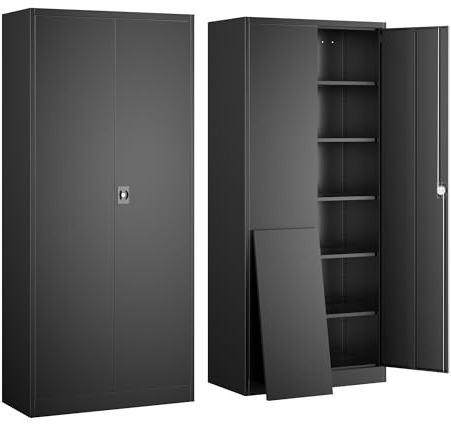 Yizosh Metall-Garagen-Aufbewahrungsschrank mit Schloss, 180,3 cm Verriegelung Werkzeugschrank mit 2 Türen und 5 Regalen, hoher Stahlschrank für Garage, robuster Aktenschrank für Büro, Schule (Schwarz)