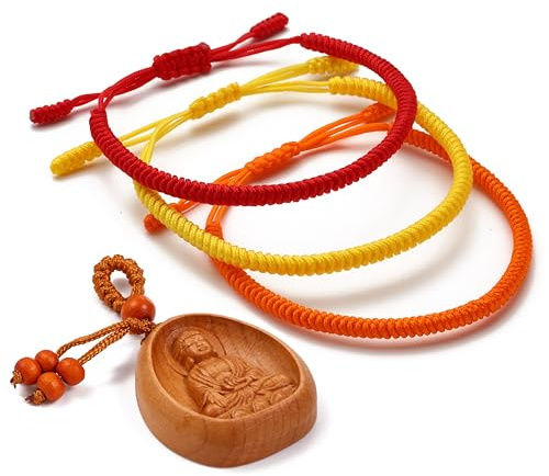 LUCKY BUDDHIST 3 Bracciali Tibetani Buddisti Regolabili – Bracciali in Corda Intrecciata per Uomo e Donna – Include Portachiavi Buddha in Legno