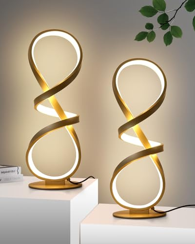 JIOODICH. 2 Pack Table Lamps, LED Touch Dimmable Spiral Desk Lamp, 3 Color Temperature Modern Nightstand Lamp, Unique Bedside Lamp for Living Room, Bedroom, Cool Lamps for Ideal Gift, Gold