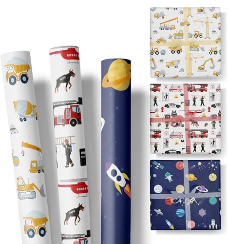 Geschenkpapier Kinder – 3 Rollen im Set – Motive: Feuerwehr, Baustelle, Weltraum – für Geburtstag oder Weihnachten – Packpapier für Mädchen und Jungen – Rolle: 47 cm breit, 3 m lang - SET 1