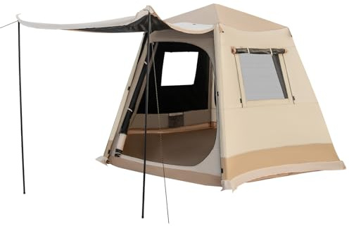 HOMASIS Tenda Campeggio Esagonale per 4-6 Persone, Tenda Pop-up Automatica con Doppia Porta e Borsa da Trasporto, Tenda Famigliare con Zanzaziera per Escursioni, Spiaggia, 330 x 270 x 200 cm, Beige