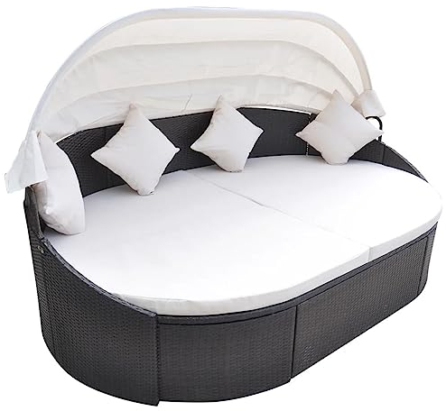 Mengtu Sonneninsel mit Sonnendach Sonnenbett mit Dach Gartenliege Liege Lounge Sitzgruppe Sonnenliege für Pools Garten Terrasse Poly Rattan Braun Gartenmöbel