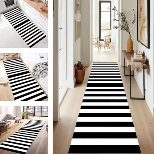 Teppich Läufer Flur Küche für Schwarz Weiß Schlafzimmer rutschfest Moderne 60X120CM Waschbar Korridor Teppichläufer Flur Küche Teppich für Schlafzimmer Esszimmer Polyester Meterware