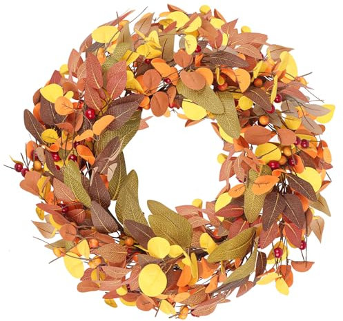 Wlicon 45cm Coronas de Otoño para Puerta de Entrada, Corona de Otoño Artificial de Otoño con Bayas Magnolia Hojas de Eucalipto para Exterior Interior Pared Ventana Decoración de Otoño