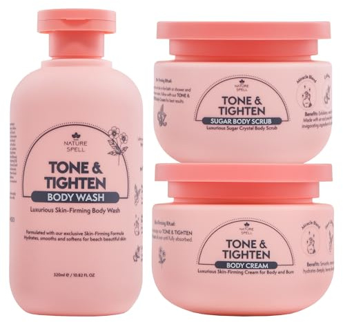 Nature Spell Tone & Tighten Coffret cadeau de soins corporels pour femme, gel douche, gommage au sucre et crème avec acide hyaluronique, extrait de ginseng et collagène végétal, lot de 3, végétalien