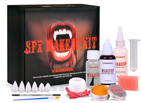 VANERIA Schminke Halloween Set Vampir Schminke,Sfx Make Up,Fake Blood+Scar Wax+Liquid Latex+Vampir Zähne+Blutkapseln+Narbenöl+Malpinsel+Spachtel+Stippel schwamm,Theaterschminke Halloween Make Up