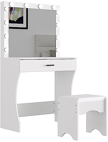 Panana Elegant Vanity Table Set, Dressing Desk with 3-Color LED Hollywood Mirror Makeup Table with Stool & 1 Large Drawers for Bedroom Girl Women (White)