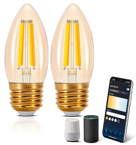Aigostar Lampadine WiFi Alexa E27 Smart Lampadina Edison C35 4.5W 470lm Lampadine Smart Retrò Dimmerabile 2700K-6500K bianco freddo caldo, Compatibile Con Alexa, Google Home, ámbar 2 pezzi