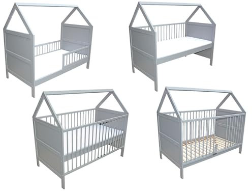 Babybett Kinderbett Juniorbett Beistellbett Bett Haus 140x70 cm umbaubar massiv grau (Bett mit Matratze und niedrigen Gittern)
