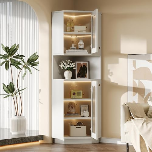 Lexiou Badschrank mit Lichtleiste, Badmöbel, Eckschrank mit Zwei Ablagefächern, offenes Fach mit verstellbaren Einlegeböden, 45x 45 x 166,5 cm (Weiß)