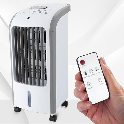 Portable Air Conditioner, 80W 3 in1 Evaporative Air Cooler Humdifier Cooling Desk Fan 3 Speed Modes Remote Control Mini Ice AC 7 Hour Timer Oscillating 4L water Tank with 2 Ice Boxes for Bedroom