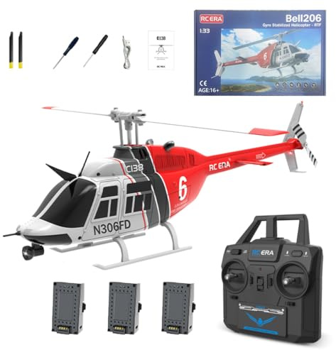 RCXTechPro RC ERA C138 Bell 206 RC-Helikopter für Erwachsene, 1:30, 6CH 6G/3D-Flips 6-Achsen-Gyro-Ferngesteuerter Hubschrauber Militärflugzeug mit Optischer Flusspositionierung – RTF / 3 Batterie