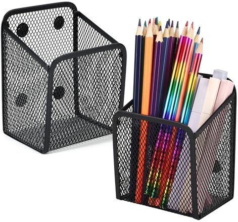 Set di 2 Organizzatori Magnetici Multiuso Portapenne e Cestino con Griglia Metallo Nero - Ideale per Scrivania, Frigorifero, Lavagna Bianca, Utensili da Ufficio | Mantieni Ordinato lo Spazio di Lavoro
