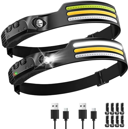 Koeutoze 2 Stück Stirnlampe LED Wiederaufladbar, 230°Wide Angle Kopflampe Lauflicht 3*Farben LED Streifen IPX4 Wasserdichte-10 Modi-Sensor & Rotlicht, Für Camping Angeln Laufen, Schwarz (8*Haken)