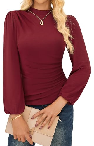 GRACE KARIN Damen Elegant Langarm Plissierte Shirts Formelle Business Wickelbluse Weinrot XL