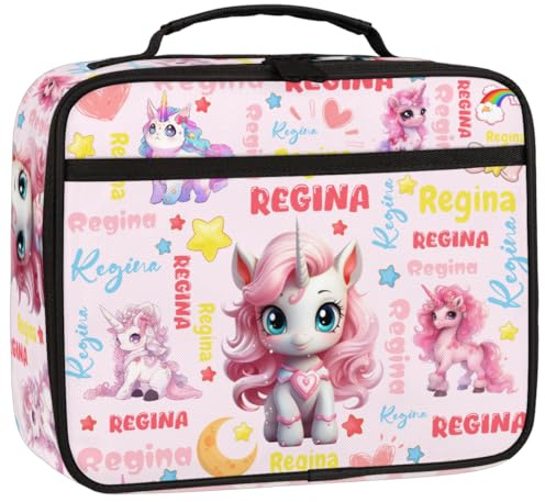 RIRIXING Personalised Lunch Box for Kids - Insulated School Lunch Bag with Name Customisation, Kids Snack Boxes with Handles, Cute Unicorn Clouds Text Pink