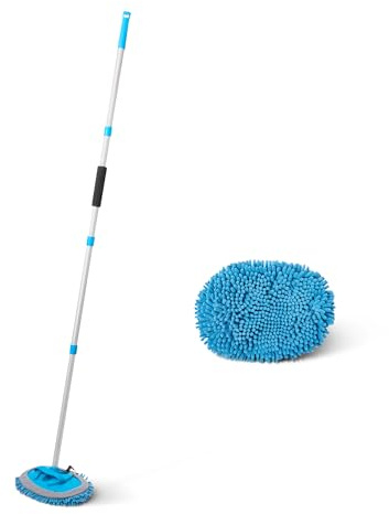 Amazon Basics Cepillo Telescópico para Lavado de Coches, Mango Largo Extensible hasta 158,8cm, Guante de Microfibra, Kit de Limpieza para Coches, Furgonetas, Camiones, Aqua