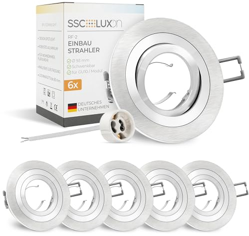 SSC-LUXon RF-2 Einbaustrahler 6x rund Alu Ø93mm schwenkbar für GU10 | Runder Einbauspot Ø93mm nur 20mm tief für Küche, Flur & Neubau - Metall silber, Direktanschluss 230V ohne Trafo (ohne Lampe)