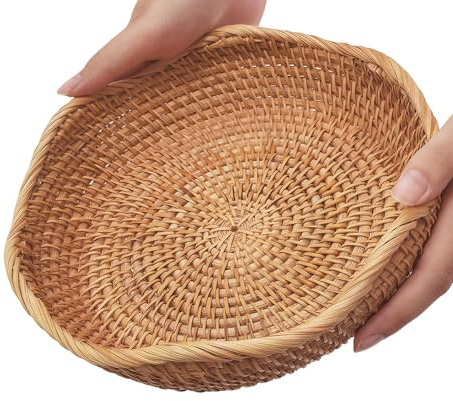 8.7 Wave Small Wicker Basket, Natural Rattan Bread & Fruit & Key Bowl | Well-Made Handwoven Natural Basket, Versatile Decorative Key Bowl for Entryway Table, Kitchen Counter, Bedside, Living Room