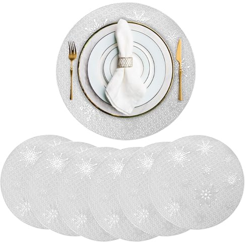 Weihnachten Platzset Rund, Weihnachtliche Tischsets 6 Stück Platzsets Schneeflocke Rund Platzdeckchen Abwaschbar Weihnachten PVC rutschfest Hitzebeständig Tischset für Tischdekoration (Silber)
