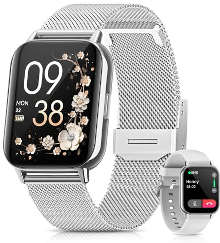 AIMIUVEI Smartwatch Damen, Fitnessuhr mit Telefonfunktion, Armbanduhr mit 120+ Sportmodi, 24H Pulsuhr SpO2, Schlafmonitor, Menstruationszyklus, Kalorien, Fitness Tracker Sportuhr Android iOS Silber