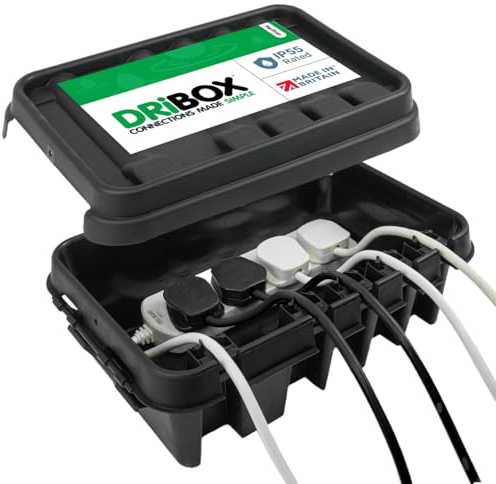 DRiBOX – Medium Black IP55 Weatherproof Outdoor Electrical Connection Box 34 x 22 x 11.7cm – Power Cord Enclosure for Christmas Lights, Timers, Extension Cables, Leads, Reels, Transformers (1 Box)