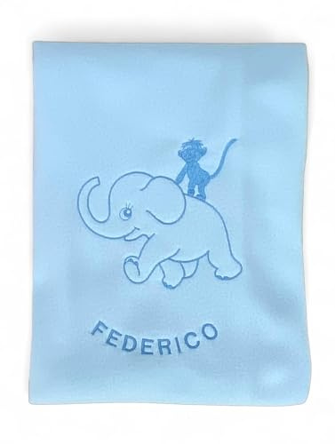 Tex family Copertina pile personalizzata con nome - Elefantino – Bambino e Bambina - asilo lettino culla neonato, ricamo Made in Italy - Cm. 70x100, Azzurro