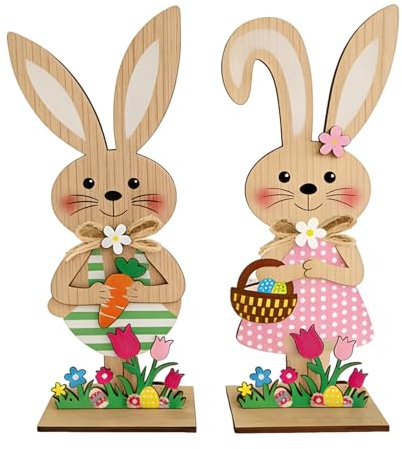 2 Stück Osterhase aus Holz, Osterhasen Deko zum Hinstellen, Deko Osterhase, Ostern Holz Hase Figur, Vertikale Tischdekoration, Osterdekoration Garten Osterhasen For Zuhause, Frühling, Geschenke