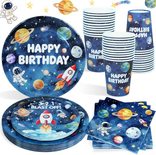 Heboland Set Stoviglie Compleanno Spazio, 100 Pezzi | per 25 Ospiti, Piatti e Bicchieri per Feste di Compleanno Astronauta, Decorazioni Compleanno Sistema Galassia Forniture Feste