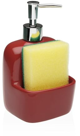 Dispensador de jabón líquido de cerámica brillante con compartimento para esponja y bomba cromada – Dosificador moderno para baño y cocina, ideal también para detergente platos (rojo)