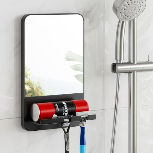 TAILI Espejo de Afeitado de Ducha antivaho con Ventosa, Negro | Con soporte para maquinilla, montaje en pared sin perforación, extraíble, inastillable e impermeable para baño
