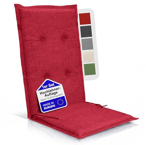 BI International Relexo Premium - Hochlehner Auflage Gartenstuhl Stuhlauflage mit Polster, Outdoor Sitzkissen & Stuhlkissen für Gartenmöbel Auflage wetterfest, Sitzkissen bequem (Rot, 2er Set)