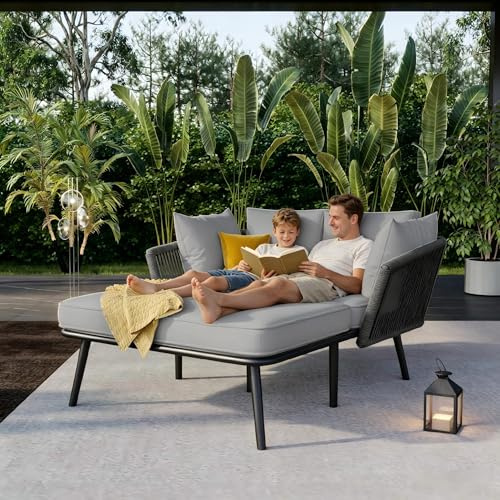 Su & Chan Legence Sonnenliege mit 2 Kissen und 2 Polster, Gartensofa mit Handgeflochtenem Seil, Loungemöbel für Terrasse und Balkon, verzinktem Stahl, Grau