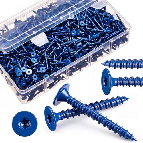 Blulu 500 Pack 1-5/8 Inch Fasteners for Wood Studs, Backer Board Screws, Blue Ceramic Coated Thread Wood Screws for Cement, Tile Board, Shower & Bathroom Remodel, Reduced Splitting