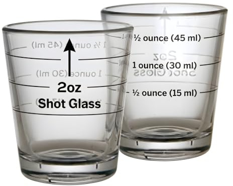 Paquete de 2 vasos de chupito medidos, vasos medidores de vidrio de 2 onzas con marcas de onzas y mililitros, vasos de chupito de vidrio transparente pesado para espresso y cóctel, 60 ml, aptos para