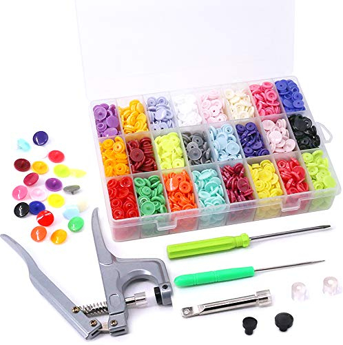 Swpeet Hight Quality 384 Stück 24 Farben Kunststoff T5 Druckknöpfe mit Druckknöpfen Zange Set Handwerkzeug Druckknopf Verschluss Perfekt für Kleidung Stoffwindeln Organizer Aufbewahrungsbehälter