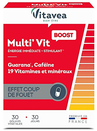 Vitavea - Multi'Vit BOOST - Complément Alimentaire Energie - Stimulant, Effet coup de fouet - Caféine, Guarana, Vitamine C et D, Magnésium, Zinc - 30 gélules - Cure 1 mois - Fabriqué en France