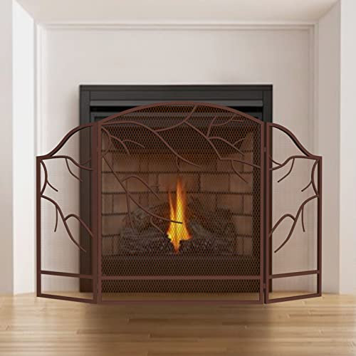 MMQGQ store Funkenschutz Amerikanischer Schmiedeeiser-Kamin-Bildschirm, Klappkunst Hohlfeuer-funken-Guard-Gitter, Kreative Niederlassungen Falten Partition Fire Place-bildschirme(Color:Bronze-)
