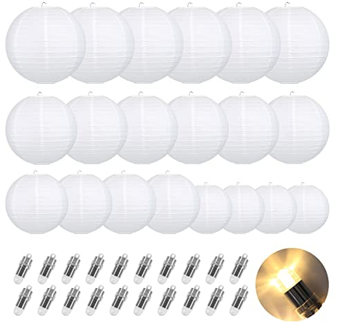 Encham 20 Stück Papierlaterne mit 20 Mini LED Lampenschirm 6, 8, 10, 12 Größen Laterne Hochzeitsdeko Party Geburtstage Gartenparty Deko