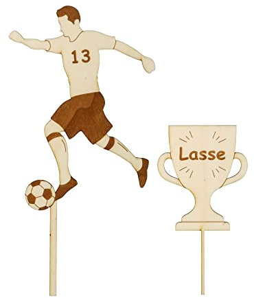 Goodtimes Cake Topper Fußball & Pokal Set mit individuellem Namen & Zahl aus Holz