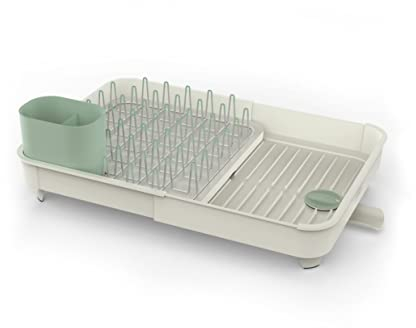 Joseph Joseph Extend Ausziehbares Abtropfgestell - Light Stone/Sage, Verstellbarer Geschirrabtropfkorb, Geschirrständer mit Abnehmbarem Besteckhalter, schwenkbarem Abfluss