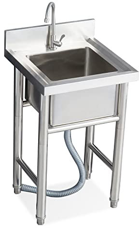 WEAFIEO Spültisch Edelstahl 1 Becken, 60 X 60 X 80cm Camping Spülbecken, Freistehend Spültisch mit Backsplash Abfluss Sieb Spültisch Standwaschbecken Waschtrog
