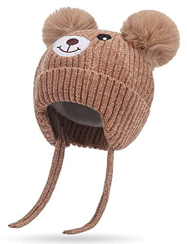 Cysocool Cute Bear Kids Winter Hat Ear Flaps 1-5 Years Dual Pom-Pom Chenille Knitted Warm Baby Fleece Lined Earflap Cap Strap Toddler Cold Weather Furry Beanie Hat,Khaki, 1.0 Count