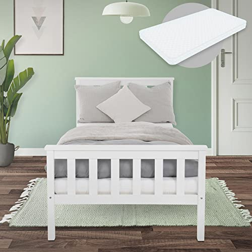 ML-Design Träsäng 90x200 cm vit med madrass, furu, massivträ sängstomme med lamellram och fötter, enkelsäng med sänggavel och fotgavel, säng för barn och vuxna, barnsäng, ungdomssäng