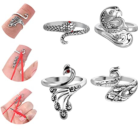 Sibba Metall Häkelring 4 Stück Verstellbare Haken Strick Häkelschlaufe Zubehör Crochet Strickfingerhut Fadenführer Ring Fingerhalter DIY Strickhandwerk Garnführung Handweberei Hakenlinie Pfauenstil