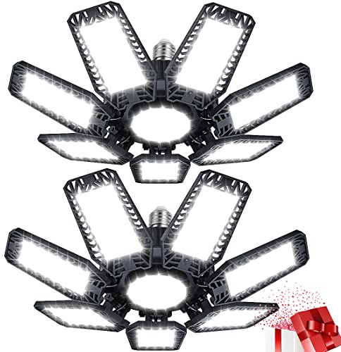 YIQIBRO Plafoniera LED Garage 200W 2 Pezzi, 20000LM 6500K Lampada da Garage Deformabile con 7+1 Pannelli Regolabili, E27/E26 Officina Plafoniera LED per Magazzino Ufficio Cantina Cucina Negozio
