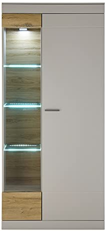 Lomadox Wohnzimmer Glasvitrine Hochschrank inkl. Glasbodenbeleuchtung in grau matt Eiche Glastür Links, B/H/T ca. 90/199/35 cm