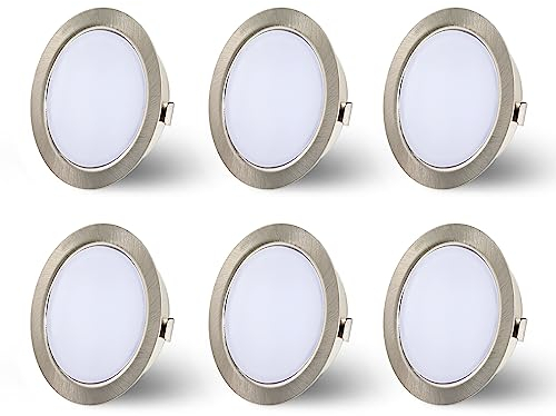 Set de 6 luminaires pour meuble LED Dimmable 230V, 4W LED IP44 G4 15mm spots encastrables pour meuble plat, 4000K blanc naturel, hotte de cuisine, spot encastrable salle de bain (Nickel Brossé)