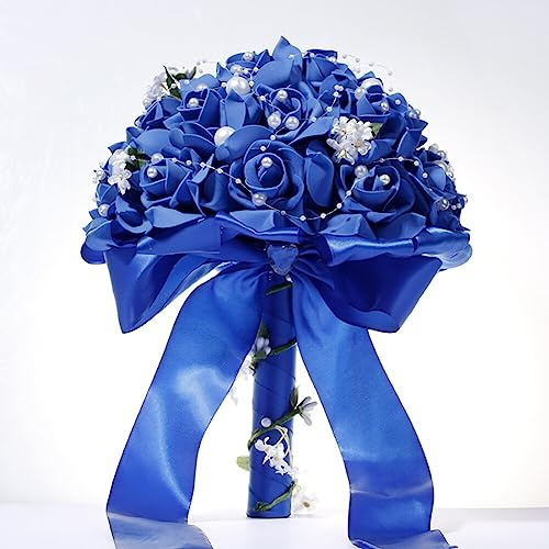 URFEDA Brautstrauss Rose,Hochzeit Blumenstrauß Koreanischen Stil weiß Gefälschte Rose Braut Bouquet Blume Brautstrauss Blumenstrauß Hochzeit Künstlich Blume mit Strass für Hochzeit, Blau